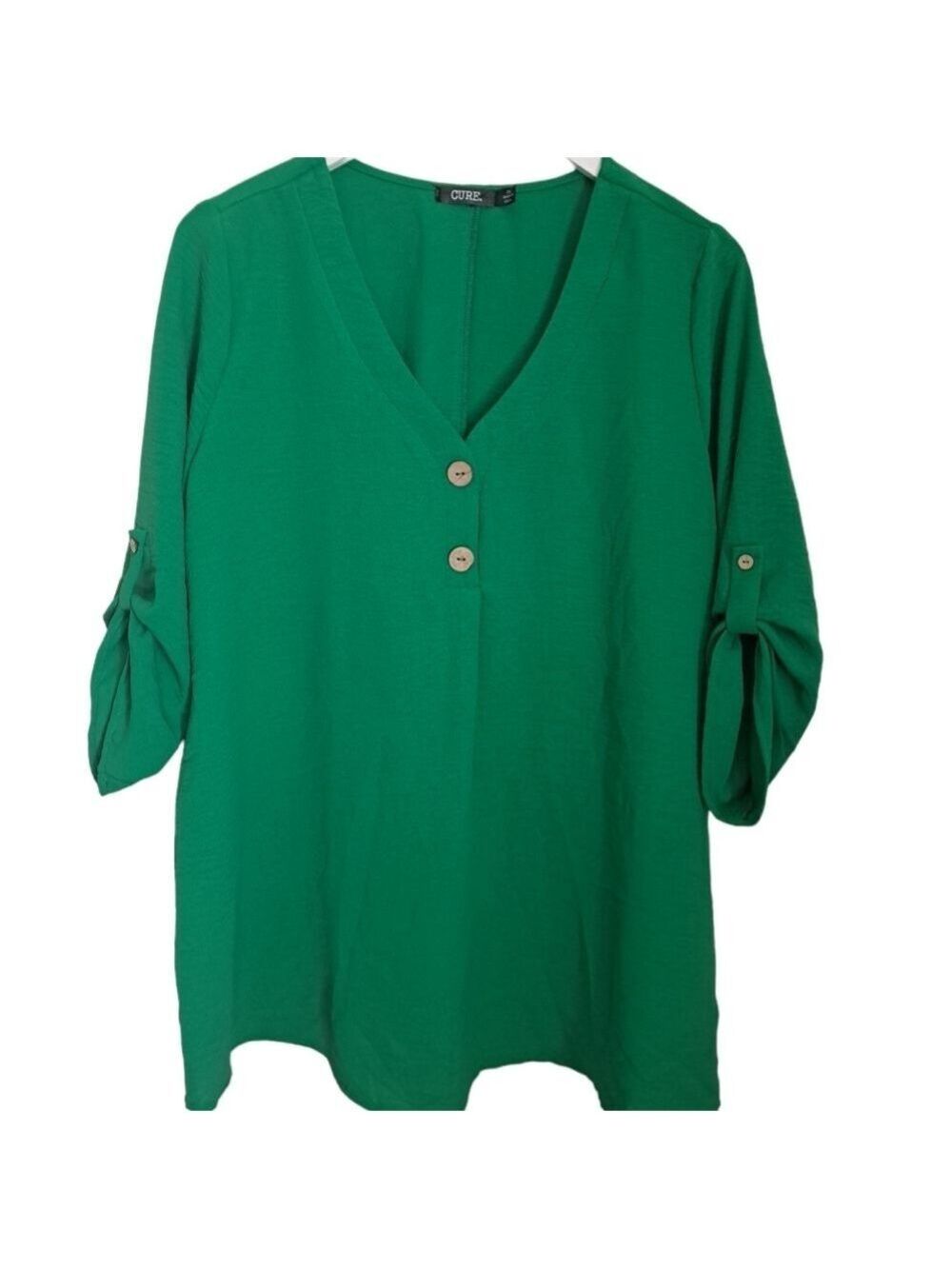 CURE KELLY GREEN lightweight flowy tunic top V neck cuff up sleeves Coastal 2X